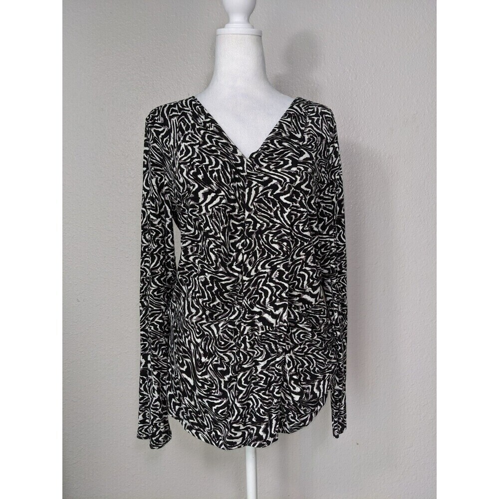 Tribal Womens 3/4 Sleeve V Neck Top Blouse Size‎ L Black White Stretch Soft N28